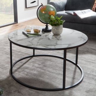 Couchtisch Rund 80 x 40 x 80 cm mit Marmor Optik Weiß