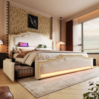 Polsterbett Vintage Bett mit handgefertigte Nieten, LED-Beleuchtung und USB-C-Ladeanschluss, 4 Schubladen. 180×200cm, ohne Matratze