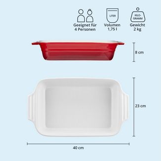 KHG Auflaufform mittelgroß 34 cm Rot 3-4 Personen, Steingut, (1-St), Antihaft (mit Emaile glasiert)