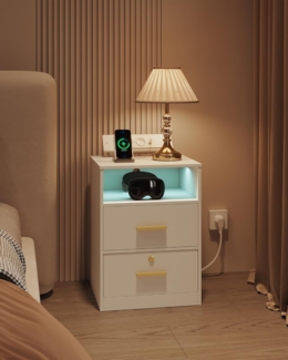 Nachttisch 2er Set, mit Ladesäule, USB- und Typ-C-Anschlüsse, Beistelltisch mit LED-Leuchten, 1 Offenes Fach und 2 Schubladen, für Schlafzimmer, Wohnzimmer, Weiß