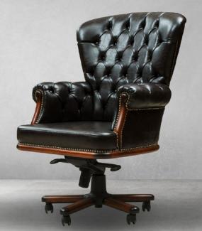 Casa Padrino Luxus Chesterfield Schreibtischstuhl Vintage Schwarz / Braun 84 x 93 x H. 114 cm - Höhenverstellbarer Kunstleder Bürostuhl - Büro Möbel - Chesterfield Möbel - Luxus Möbel