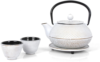 Echtwerk Teeservice Gusseisen Teekanne 0,8 L Teebereiter inkl. Untersetzer 2 Teetassen Teekannen-Set Vintage-Design Creme Creme