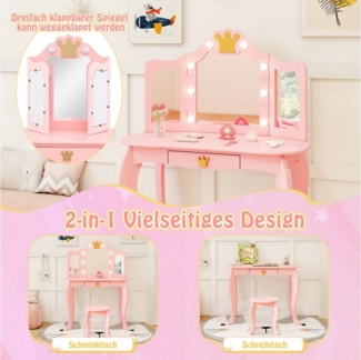 COSTWAY Schminktisch Kinderschminktisch mit Hocker, mit LED Beleuchtung