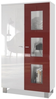 Vladon Vitrine Denjo, Standvitrine mit 2 Türen und 3 Glaseinsätzen, Weiß matt/ Weiß Hochglanz (71 x 129 x 35 cm)