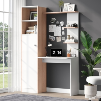 Merax Arbeitstisch Schreibtisch mit Aufbewahrung – Weiß mit Stabholzkontrast, unterer Schrank mit Türen und oberes offenes Regal, Büro-Design, 123,5 x 45 x 168,5 cm