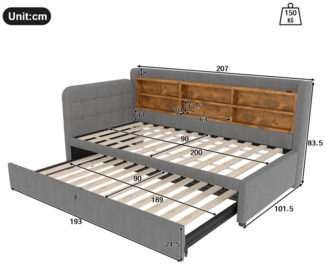 Ulife Daybett Schlafsofa Tagesbett, USB + Typ C, mehrere Ablageflächen, multifunktionales Ausziehbett-Design, 90x200cm(180 x 200 cm)