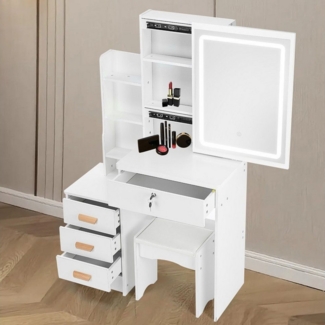 OULENBIYAR Schminktisch Modernes Waschtisch-Set mit LED-beleuchtetem Spiegel, mit Steckdosen, Schminktisch mit 4 Schubladen und gepolstertem Hocker, Weiß