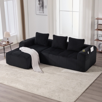 Modulares Cord Sofa DIY, kombinierbar mit Ablagefächern, hochdichter Schaumstoff, 3 Kissen inkl, bis 300kg,Schwarz
