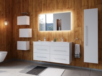 Badmöbelset Helios 4-teilig LED Spiegel Hochschrank 3er Boxen weiss hochglanz : Weiss hochglanz