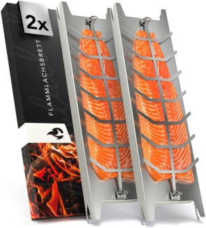 NewHabitat 2x Flammlachsbrett Edelstahl 59,5 × 17,5 cm – drehbar, spülmaschinenfest, mit Rezeptanleitung – für Feuerschale & Grill