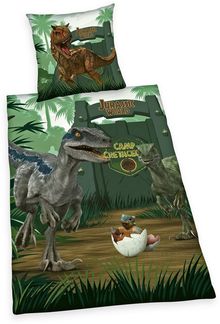 Herding Jugendbettwäsche 135x200cm Jurassic World Camp Cretaceous, Renforcé, 2 teilig, Tolles Dinosaurier Motiv, mit Reißverschluss