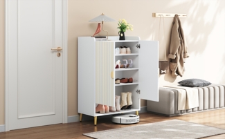 Schuhschrank 75x37x110 cm, mattweiß mit 3 Ebenen und goldenen Halbkreisgriffen,Weiß