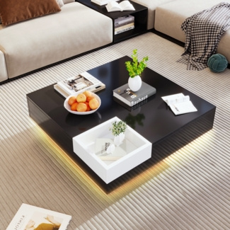 LVHOM Couchtisch Hochglanz mit LED, Beistelltisch Scandi mit herausnehmbaren Holzbox, Wohnzimmertisch Indutrial Kaffeetisch, 72x72x30cm, Schwarz