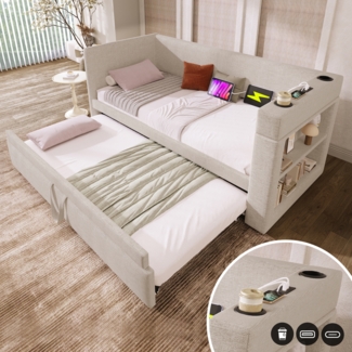Merax Polsterbett Daybett 90x200 cm, Einzelbett Schlafsofa mit Ausziehbett, Armlehnen mit USB- & Type-C-Ladeanschluss und Getränkehalter, Leinen-Mischgewebe, Beige