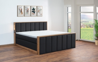 Meisterbetten Boxspringbett Sely mit Holzdekor Eiche Cognac 160x220 in LM-Schwarz, Matratzenbezug Nano, Midisoft-Topper, mit Fussteil