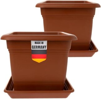 SUSTANIA Blumentopf Pflanzkübel Groß mit Untersetzern (2er Set 48x48 cm), Terracotta Blumentopf Gross