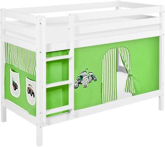 Lilokids 'Jelle' Etagenbett 90x200 cm, Trecker Grün Beige, Kiefer massiv, mit Vorhang und Lattenroste