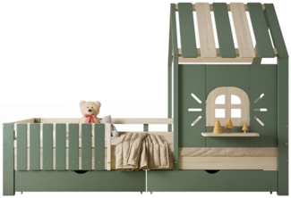 HAUSS SPOLE Kinderbett 90x200cm mit Dach, Fenster, Vierseitiger Zaun, mit 2 Schubladen, Grün (mit Dach & Fenster, Holzfensterbank, 2 Schubladen, Vierseitiger Zaun, 90x200cm, Natürlich & Grün, 90x200 cm), ohne Matratze