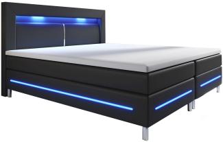 Juskys Boxspringbett Norfolk 140x200 cm – LED Beleuchtung, Bonell-Matratzen, Topper & Kunstleder – 66 cm Komforthöhe – schwarz – Bett Doppelbett