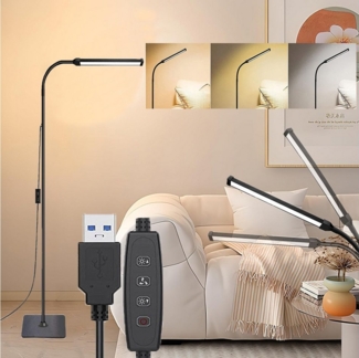 Jibenhome LED Leselampe Stehlampe Wohnzimmer 10W USB Stehleuchte, 10 %–100 %Helligkeitsstufen, Höhenverstellbar, 3000 K/4500 K/6500 K, Schwarz Standleuchte für Wimpern,Gesichtsbehandlung,Spa,Salon,Make-up