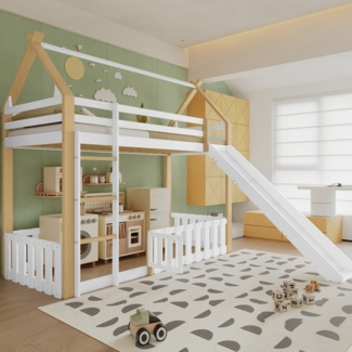 Merax Hochbett (Weiß+Natur, 1-St, Etagenbett Stockbett Jugendbett) Kieferholz Kinderbett 90x200cm mit Rutsche Stauraum Dach Zaun Leiter