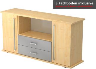 bümö Sideboard Ahorn mit Flügeltüren & Regal - Büromöbel Sideboard mit Schubladen Holz 166cm breit, 45cm schmal, Büro Schrank für Flur oder als Wohnzimmer-Kommode mit Streifengriff, SBTS-3-3-SG