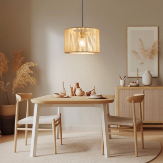 Zedelmaier Pendelleuchte Deckenleuchte hängend mit Stoff Lampenschirm E27 x 1/max. 40 W, Rattan Boho-Design