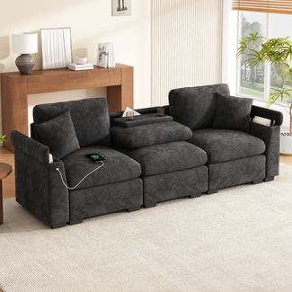 Dreisitzer-Sofa mit klappbarem Rückenlehnentisch, USB-Ladeanschlüssen und Seitenstauraum, Chenille, 242x80x88 cm, Grau