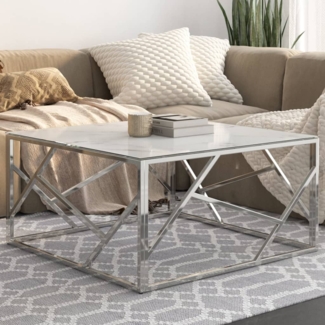 vidaXL Couchtisch, Hartglas weiß / Edelstahl silber, 40 x 80 x 80 cm