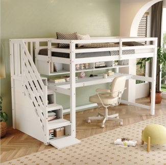 HAUSS SPOLE Hochbett 90x200cm mit Stauraumtreppe, großen Schreibtisch und Regalen,weiß