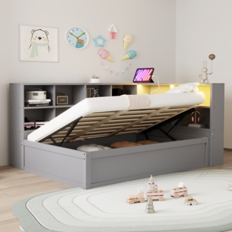 Schlafsofa mit Mehrfachsteckdose und mehreren Staufächern mit Lichtleiste hydraulisches Bett Massivholz Grau 90 x 200 cm