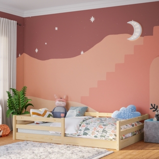 Bellabino 'Iskri' Bodenbett 140x200 cm, natur, Massivholz Kiefer, Montessori Kinderbett mit Rausfallschutz und Lattenrost