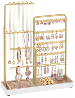 SONGMICS Schmuckständer, Schmuckhalter, Metallrahmen, Schmucktablett Samt, ausziehbarer Kettenhalter, 30,9-47,5 cm hoch, Schmuckaufbewahrung, blassgold