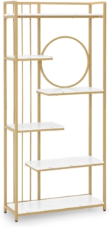 BarberPub Bücherregal, Standregal mit 6 Ebenen, Büroregal mit Metallrahmen, Regal für Büro, Wohnzimmer, Schlafzimmer, Küche, Nagelstudio, Marmor-Weiß Gold, 5180