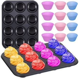 HEYHIPPO Muffinform Cupcake-Backform, antihaftbeschichtet, runde Kuchenform für 12 Tassen, (Set), Muffinform, 2er-Pack mit 24 Silikonförmchen, 25,4x 38,1cm,Karbonstahl