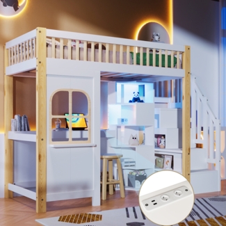 Merax Hochbett, Kinderbett 90x200cm, Einzelbett Mit LED-Leuchten, Fensterform, Ablageleiter, offenem Staufach, Schreibtisch, Steckdose, ohne Matratze, Weiß+Natur