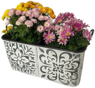 Online-Fuchs Blumentopf Zinkwanne mit Blumenmuster groß Pflanzkübel Kasten Metall (Vintage Silber/weiß), Maße großer Blumenkasten ca. 49x30 cm und 22 cm hoch