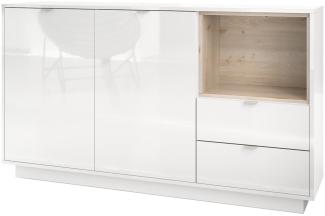 Sideboard Kommode Metro, Korpus in Weiß Hochglanz / Fronten in Weiß Hochglanz mit Einsatz in Eiche Nordic