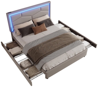 Sweiko Polsterbett Doppelbett 140x200 cm,Stauraumbett mit USB+Typ C und 4 Schubladen (Jugendbett mit Lattenrost und Led, Grau,ohne Matratze)