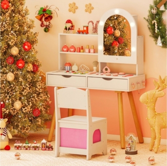 COSTWAY Schminktisch, Kinderschminktisch-Set mit Spiegel mit 3-Farbbeleuchtung