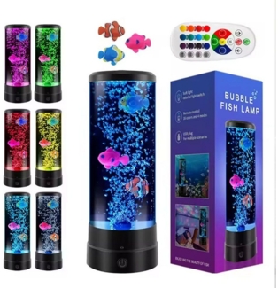 QUBEBU LED Nachtlicht LED Tischleuchte Wassersäule mit Deko Fisch, Dekoleuchte, Farbwechsel, LED fest integriert, 16 Farben und 4 Modi, Quallen Aquarium Lampe, Nachtlicht für Haus Schlafzimmer Büro Dekoration, Kinder Geschenke