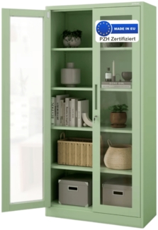 Vitrinenschrank abschließbar ELLO - Glastüren, 5 Ebenen | Büroschrank aus Stahl Aktenschrank mit Glasfenster Metallschrank Mehrzweckschrank, 185x90x40cm Pastellgrün