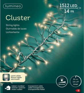 Lumineo LED-Lichterkette Lumineo Lichterkette CLUSTER 1512 LED 14 m warm weiß, transp. Kabel, Indoor/Outdoor, dimmbar, 8h-Timer, + 5 m Zuleitung