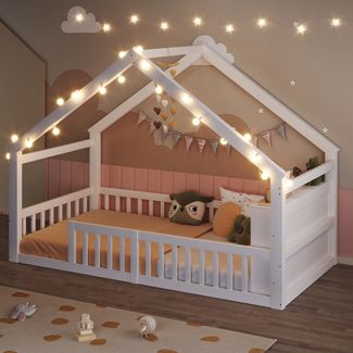 Merax Einzelbett, Kinderbett, Flachbett, 90 x 190 cm, mit Gitter, Hausleiste, Kiefernholz, ohne Matratze, mit Licht, Weiß