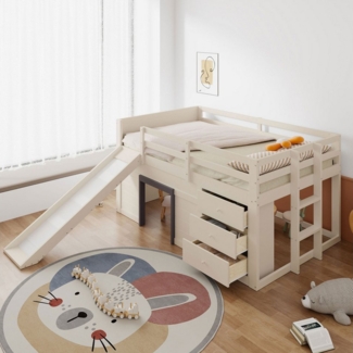 HAUSS SPOLE Hochbett 140 x 200 cm niedriges Hochbett mit Rutsche, 2 Schubladen und 2 Türen (mit Rutsche, Creme – Mit 3 Schubladen, 2 Türen & Stauraum, 140x200 cm)
