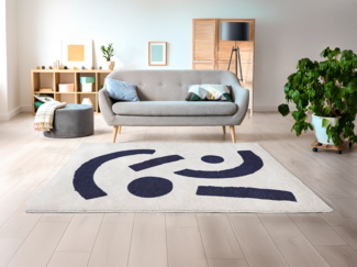 Vente-unique - Hochflorteppich mit abstraktem Muster - 160 x 230 cm - Cremefarben & Dunkelblau - DRAOFI