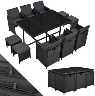 Juskys Polyrattan Sitzgruppe Baracoa XL 11-teilig wetterfest & stapelbar – Gartenmöbel Set mit 6 Stühle, 4 Hocker & Tisch für Garten & Terrasse