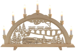 Dekohelden24 Schwibbogen 7-flammiger Holz Schwibbogen, Motiv: Eisenbahn, L / B / H: 58 x 4 x 38 cm.