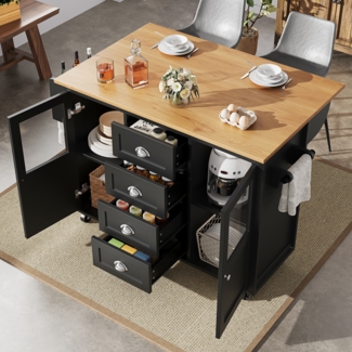 Kücheninsel,Küchenschrank,Buffetschrank,120x73(45)x93cm,ausziehbarer Küchenwagen mit Rollen, Handtuchhalter, Gewürzregal, verstellbaren Einlegeböden, zwei Türen, vier Schubladen, weiß/schwarz