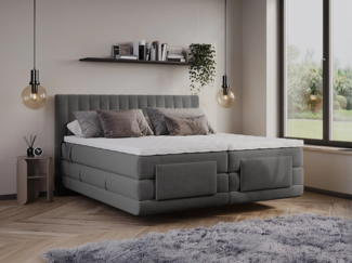 Vente-unique - Komplettes Boxspring-Set - Kopfteil mit vertikalen Nähten + elektrischer Relax-Lattenrost + Matratze + Topper - 2 x 80 x 200 cm - Velours - Anthrazit - DONISI von PALACIO